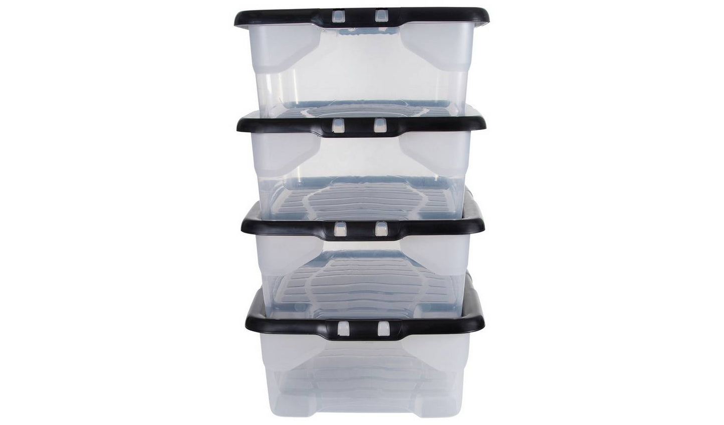 Strata Curve 4 x 30L Plastic Storage Boxes with Lid - Clear