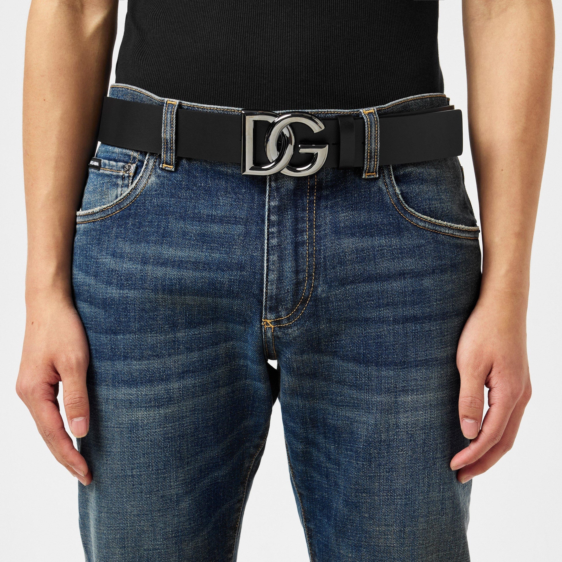 Dolce and Gabbana Men's Interlock Logo Leather Buckle Belt, 40mm
