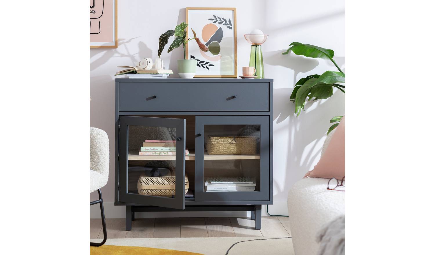 Habitat Jadon 2 Door Display Cabinet - Dark Grey & Oak