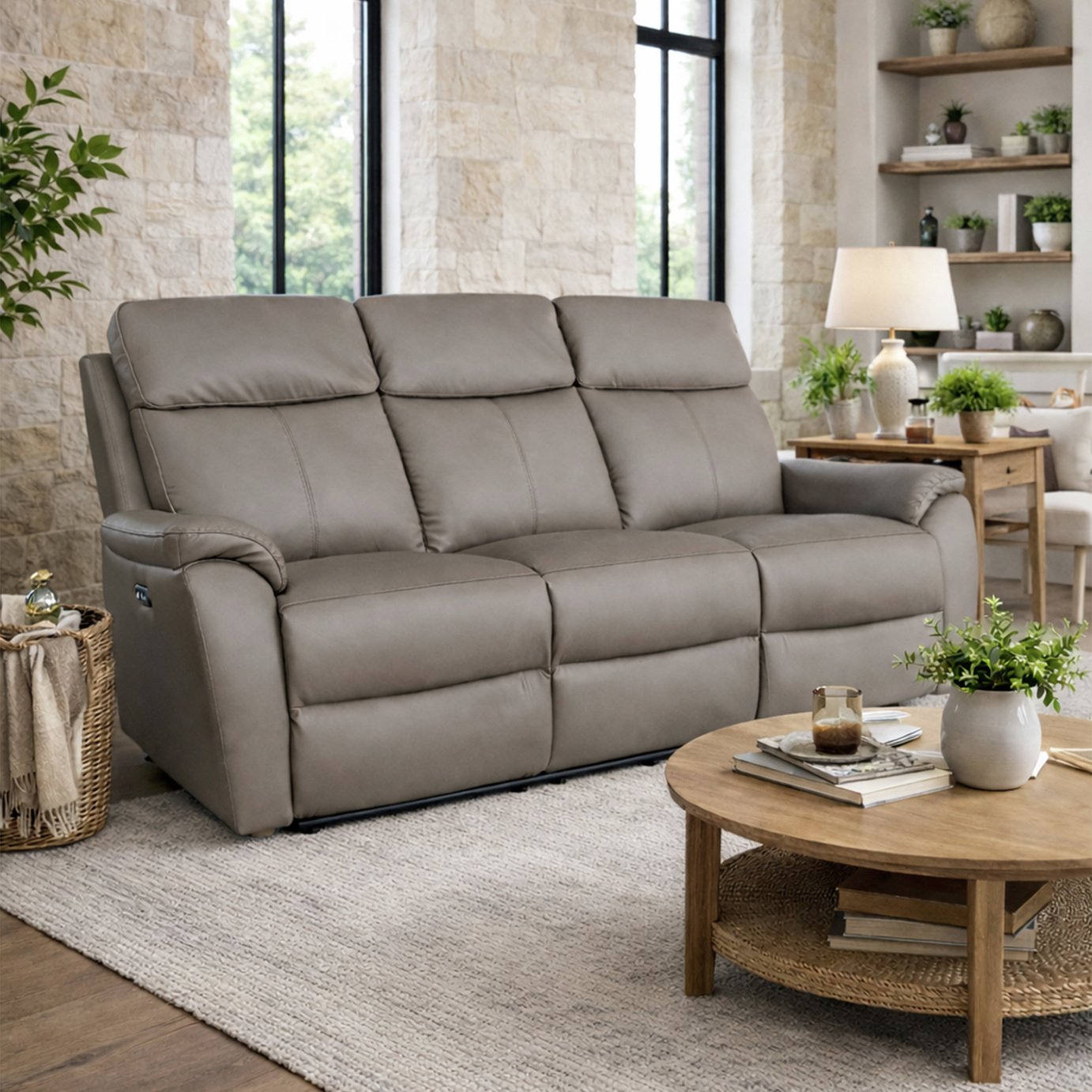 Aspire Kingsmere Leather 3 Seater Power Recliner Sofa - Elephant