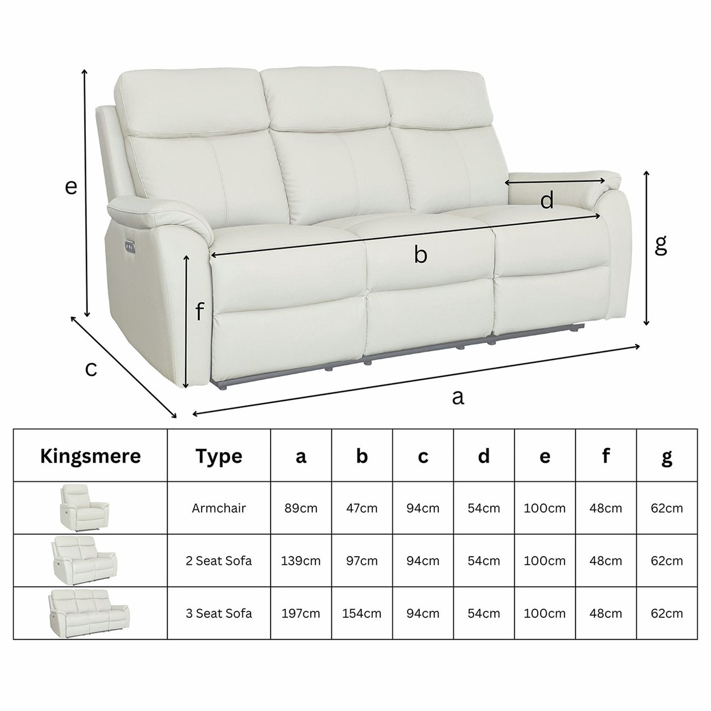 Aspire Kingsmere Leather 3 Seater Power Recliner Sofa - Elephant