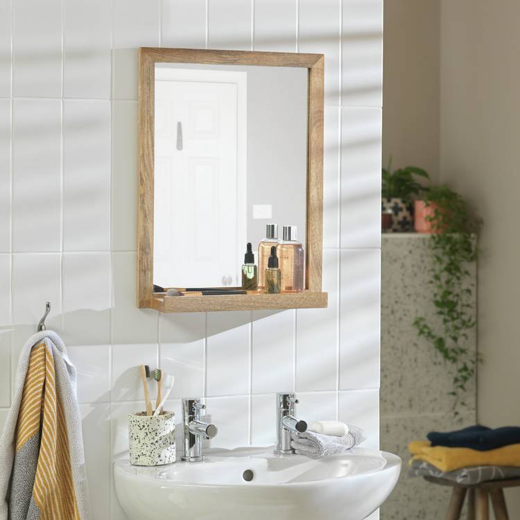 Habitat Mango Wood Bathroom Mirror with Shelf - 52x40cm
