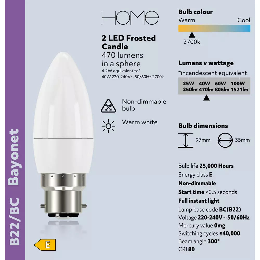 Argos Home 4.2W LED Candle BC Light Bulb - 2 Pack