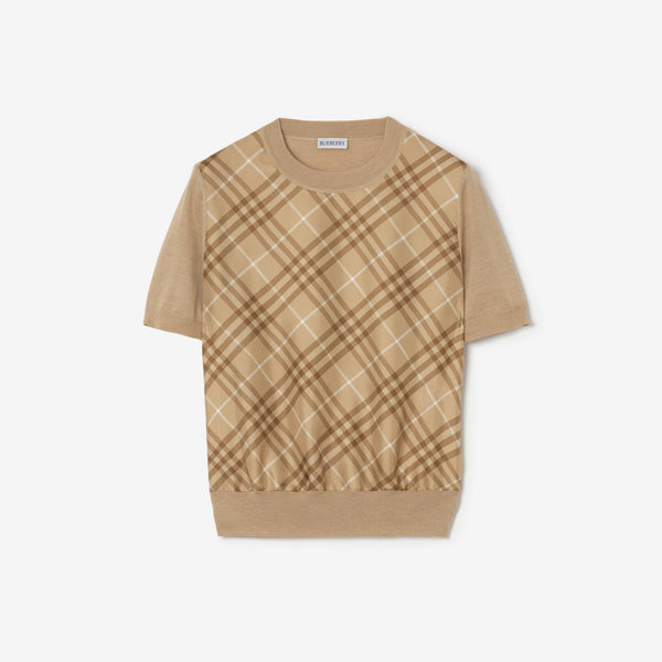 Check Panel Wool Silk T-shirt