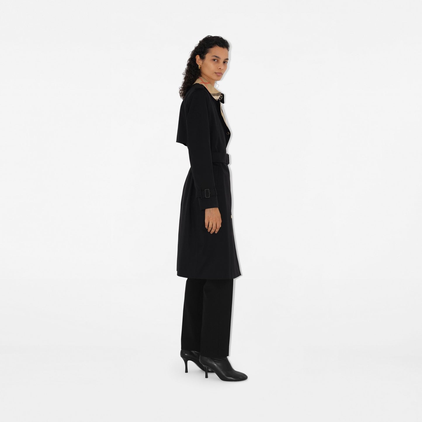 Long Check Collar Gabardine Trench Coat
