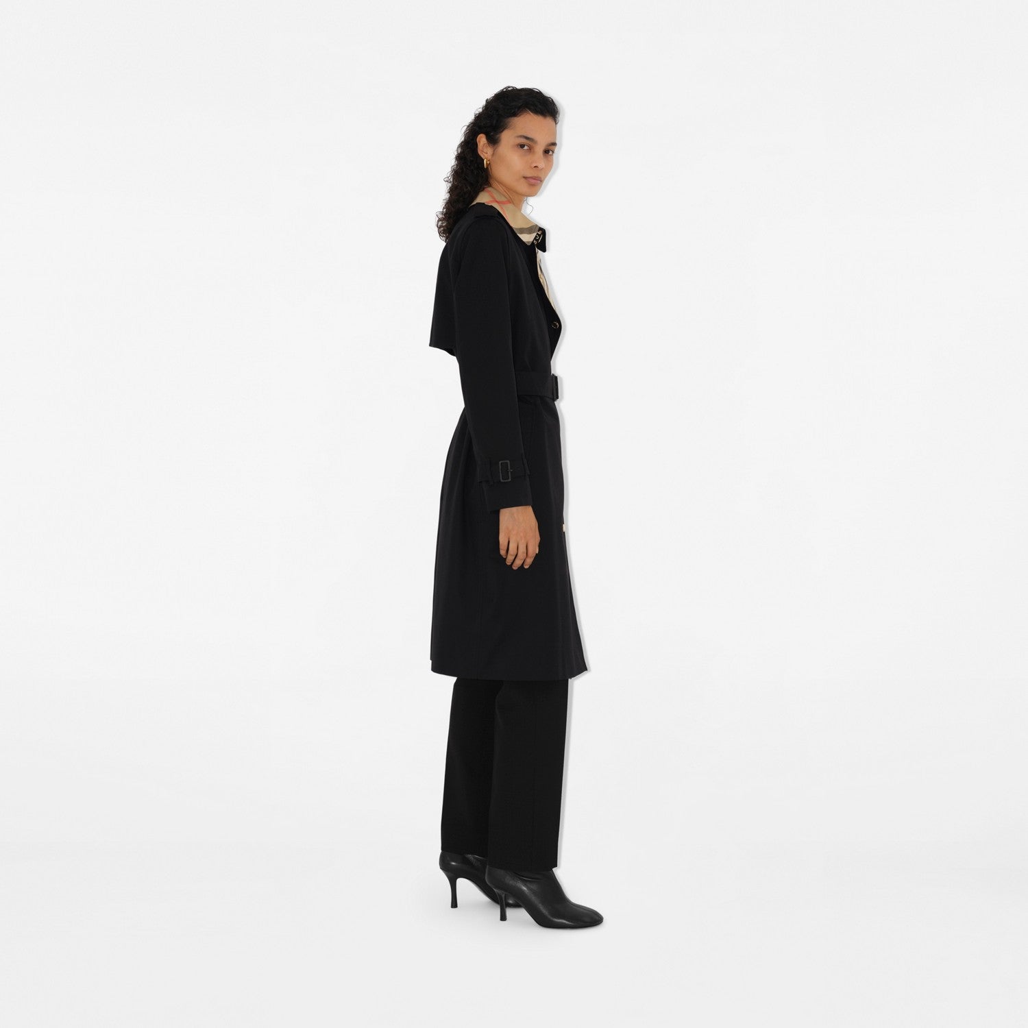Long Check Collar Gabardine Trench Coat