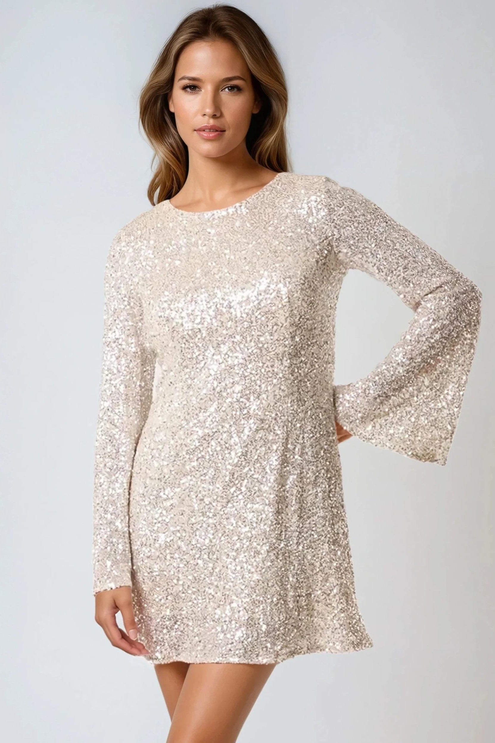 Champagne Bow Back Sequin Mini Dress - Interactive Group