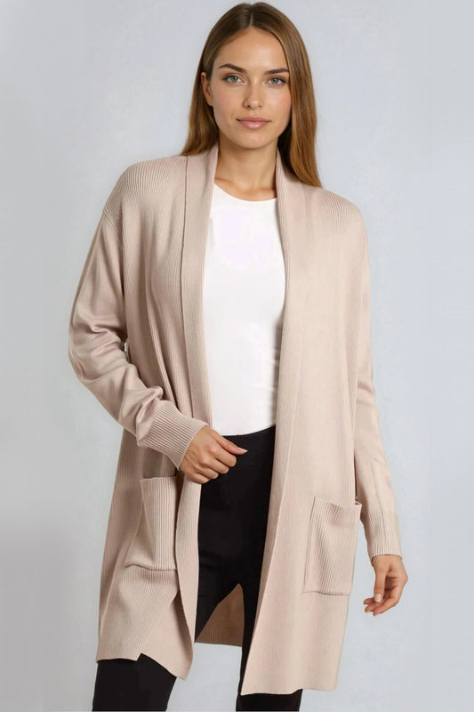 Beige Ribbed Cardigan With Pockets - Interactive Group