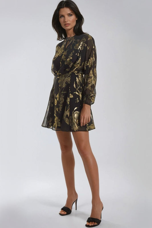 Black Gold Keyhole Foil Floral Detail Mini Dress - Interactive Group