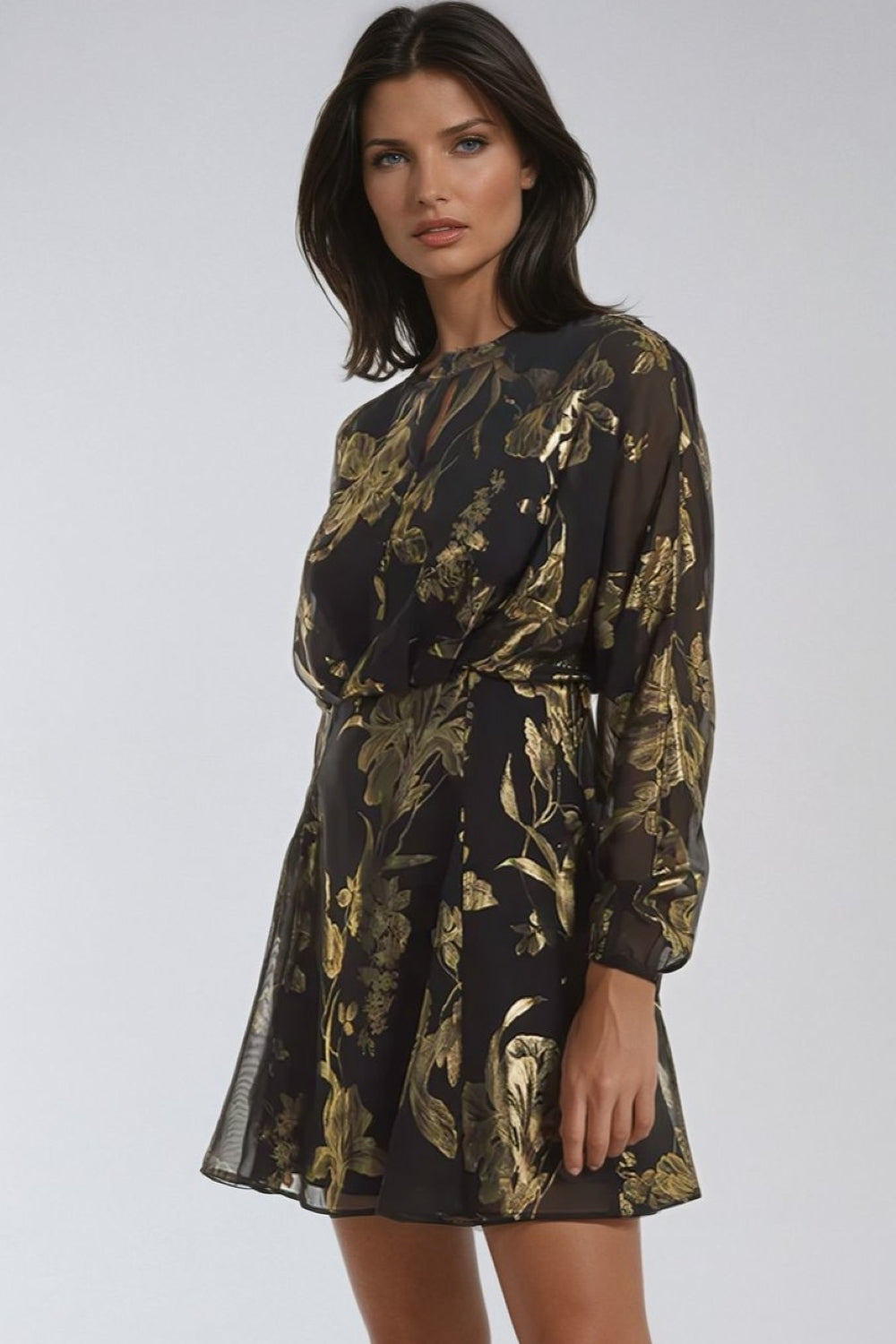 Black Gold Keyhole Foil Floral Detail Mini Dress - Interactive Group