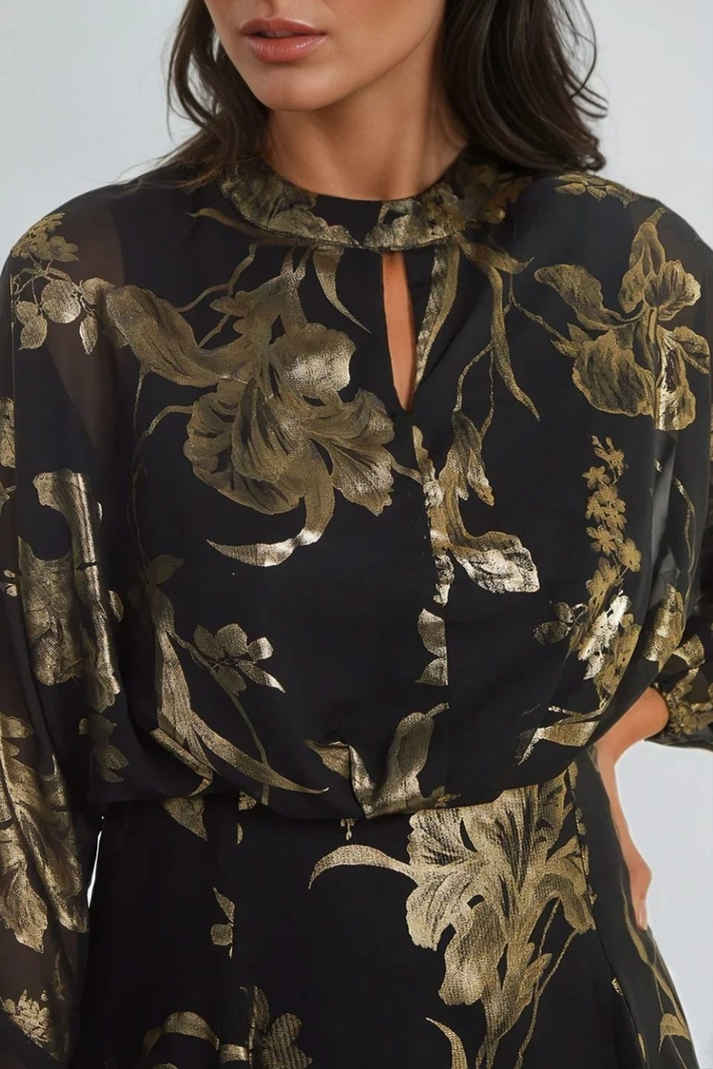 Black Gold Keyhole Foil Floral Detail Mini Dress - Interactive Group