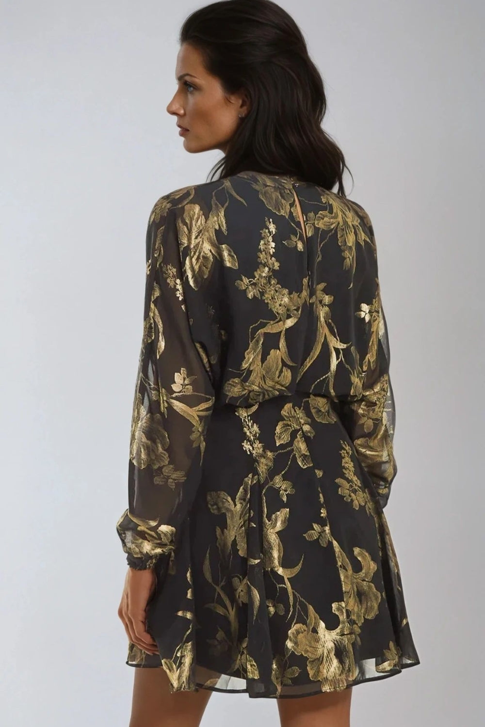 Black Gold Keyhole Foil Floral Detail Mini Dress - Interactive Group