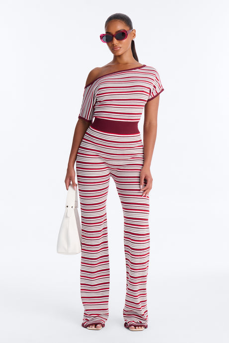 Cozy In Stripes Off Shoulder Jumpsuit - Red