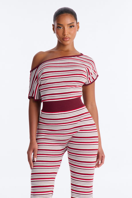 Cozy In Stripes Off Shoulder Jumpsuit - Red