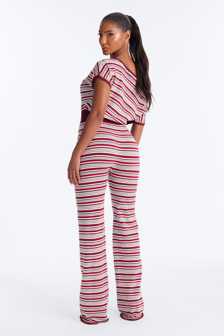 Cozy In Stripes Off Shoulder Jumpsuit - Red