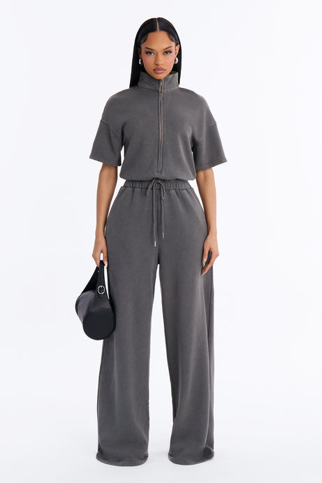 Busy Schedule Washed French Terry Short Sleeve Jumpsuit - Charcoal