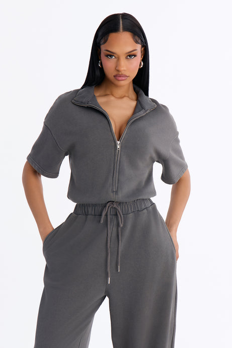 Busy Schedule Washed French Terry Short Sleeve Jumpsuit - Charcoal