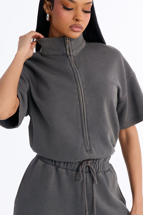 Busy Schedule Washed French Terry Short Sleeve Jumpsuit - Charcoal