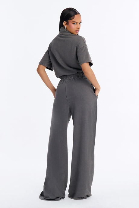 Busy Schedule Washed French Terry Short Sleeve Jumpsuit - Charcoal