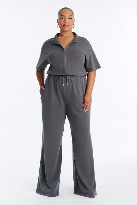 Busy Schedule Washed French Terry Short Sleeve Jumpsuit - Charcoal