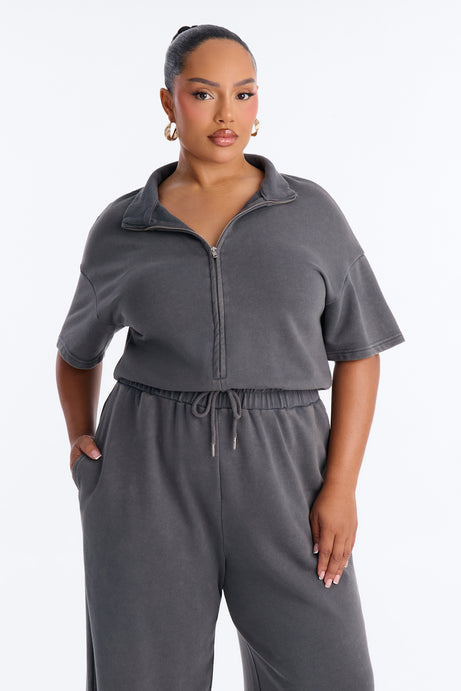 Busy Schedule Washed French Terry Short Sleeve Jumpsuit - Charcoal