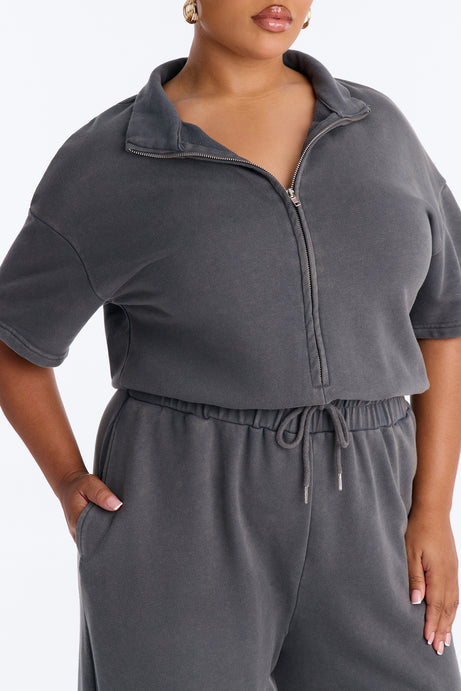 Busy Schedule Washed French Terry Short Sleeve Jumpsuit - Charcoal