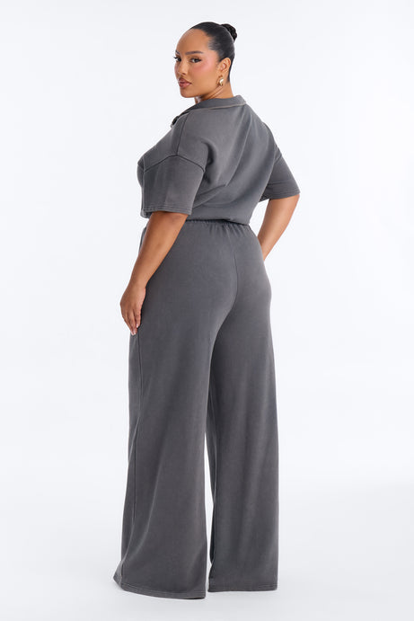 Busy Schedule Washed French Terry Short Sleeve Jumpsuit - Charcoal