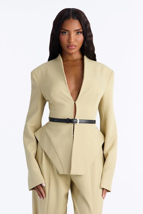 Basette Collarless Structured Waist Belted Blazer - Sage