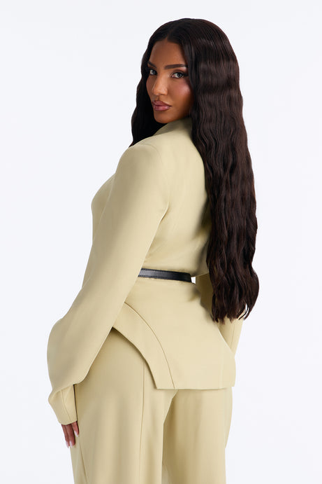 Basette Collarless Structured Waist Belted Blazer - Sage