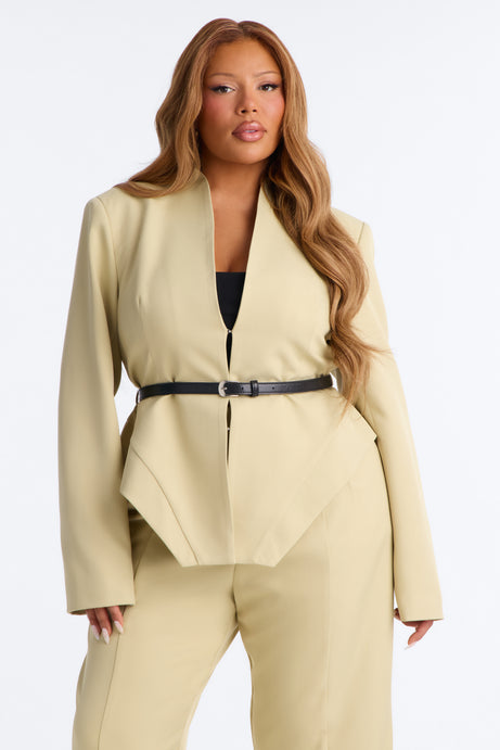 Basette Collarless Structured Waist Belted Blazer - Sage