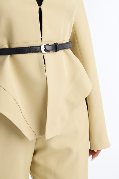 Basette Collarless Structured Waist Belted Blazer - Sage