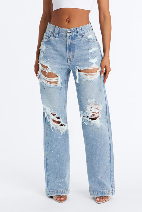 Shining Bright Embellished Ripped Straight Leg Jeans