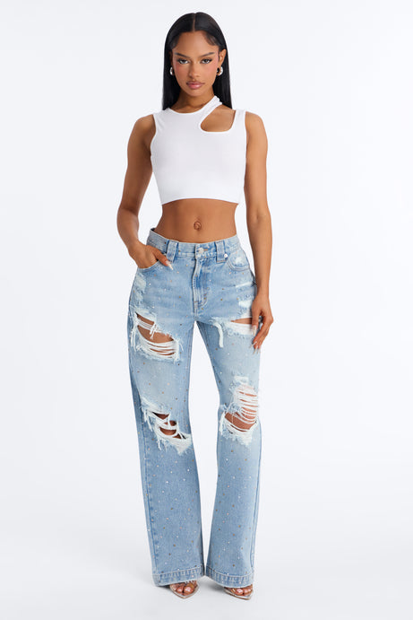 Shining Bright Embellished Ripped Straight Leg Jeans