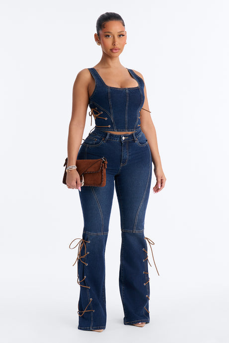 Gracie Lace Up Denim Pant Set - Dark Wash