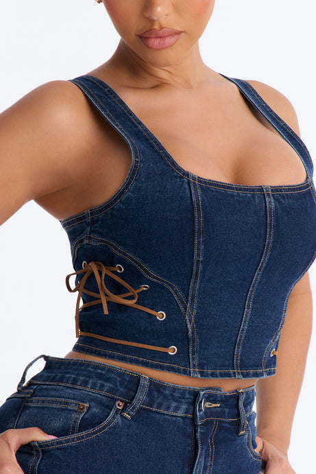 Gracie Lace Up Denim Pant Set - Dark Wash