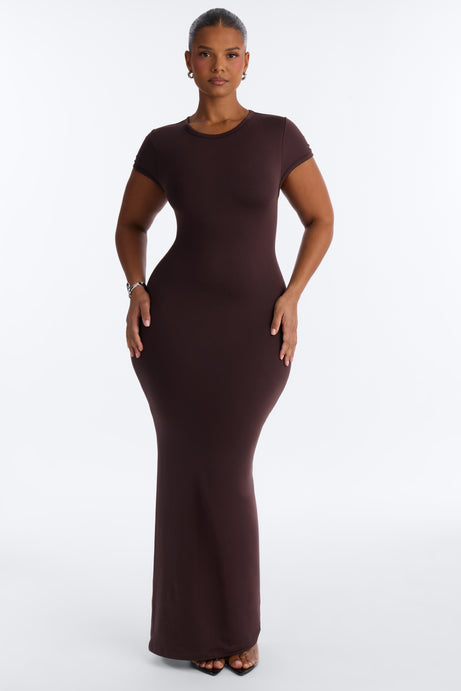 Seamless Smooth Double Lined Cap Sleeve Maxi Dress - Chocolate
