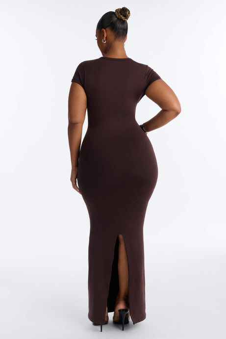 Seamless Smooth Double Lined Cap Sleeve Maxi Dress - Chocolate