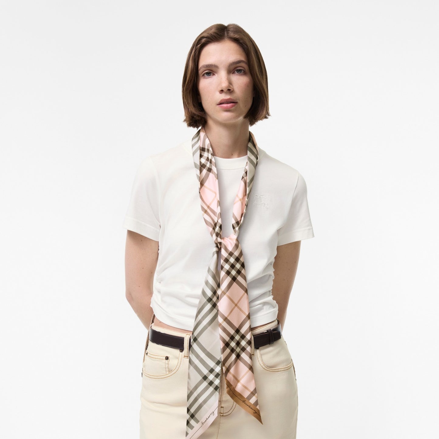 Skinny Contrast Check Silk Scarf