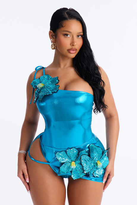 Marie Metallic Flower Applique 1 Piece Swimsuit & Cover Up Sunsuit - Blue