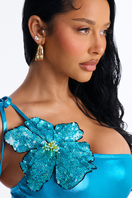 Marie Metallic Flower Applique 1 Piece Swimsuit & Cover Up Sunsuit - Blue