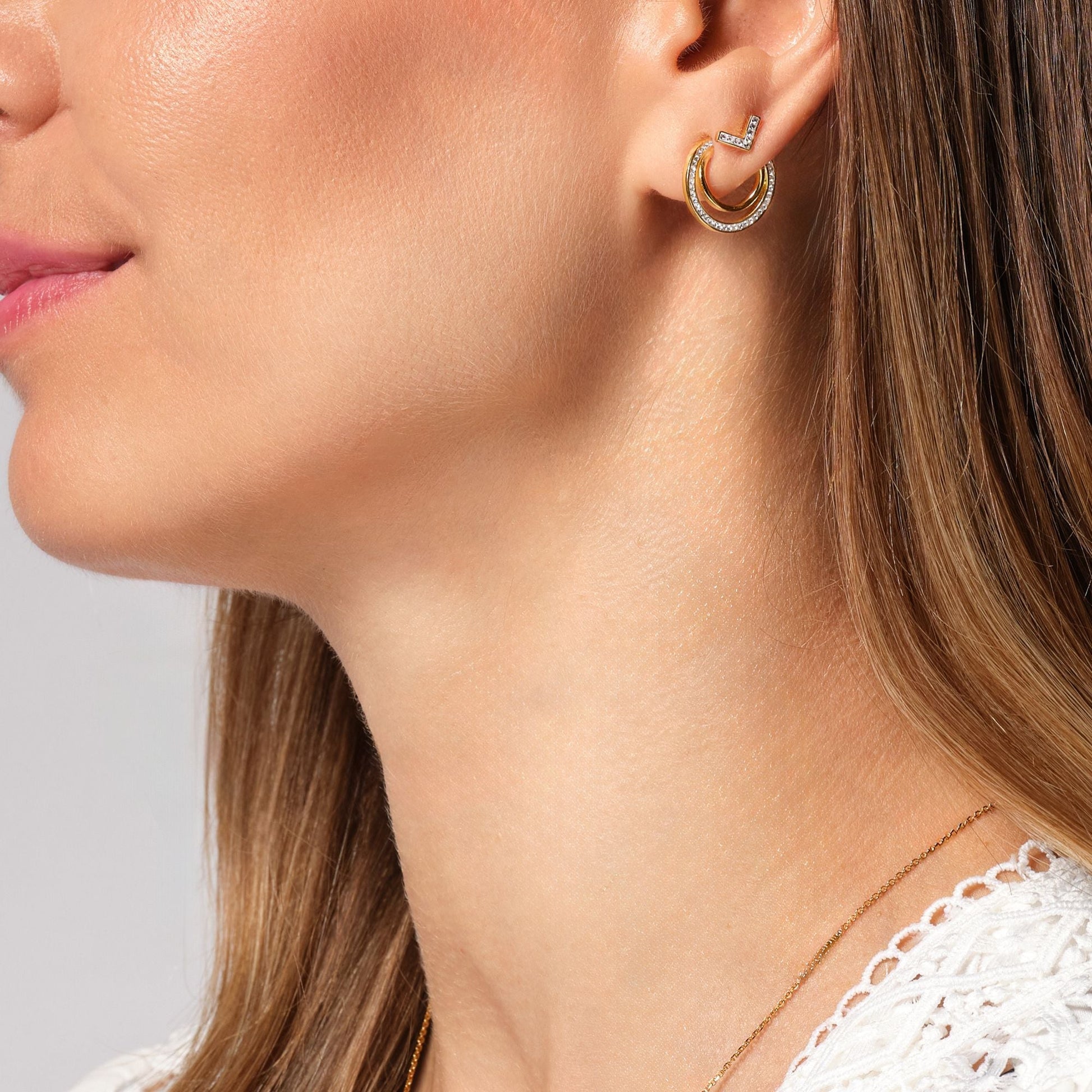 Sterling Silver Crystal Double Crescent Stud Earrings - Interactive Group