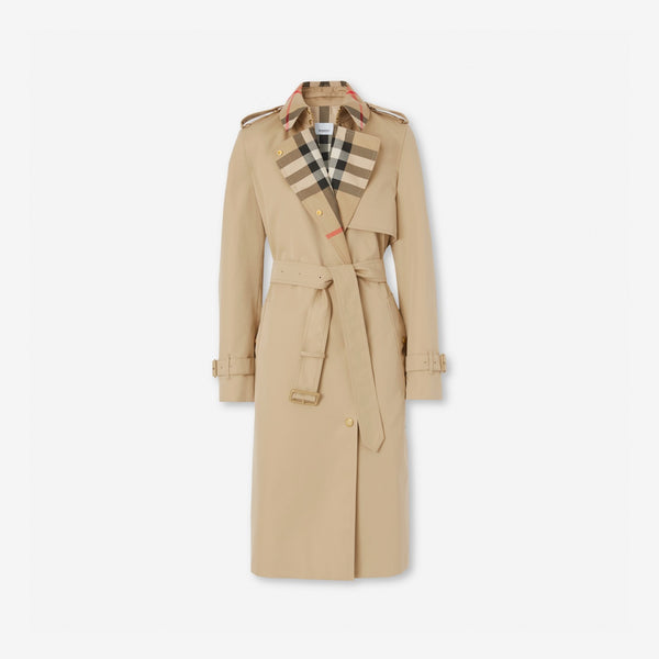 Long Check Collar Gabardine Trench Coat