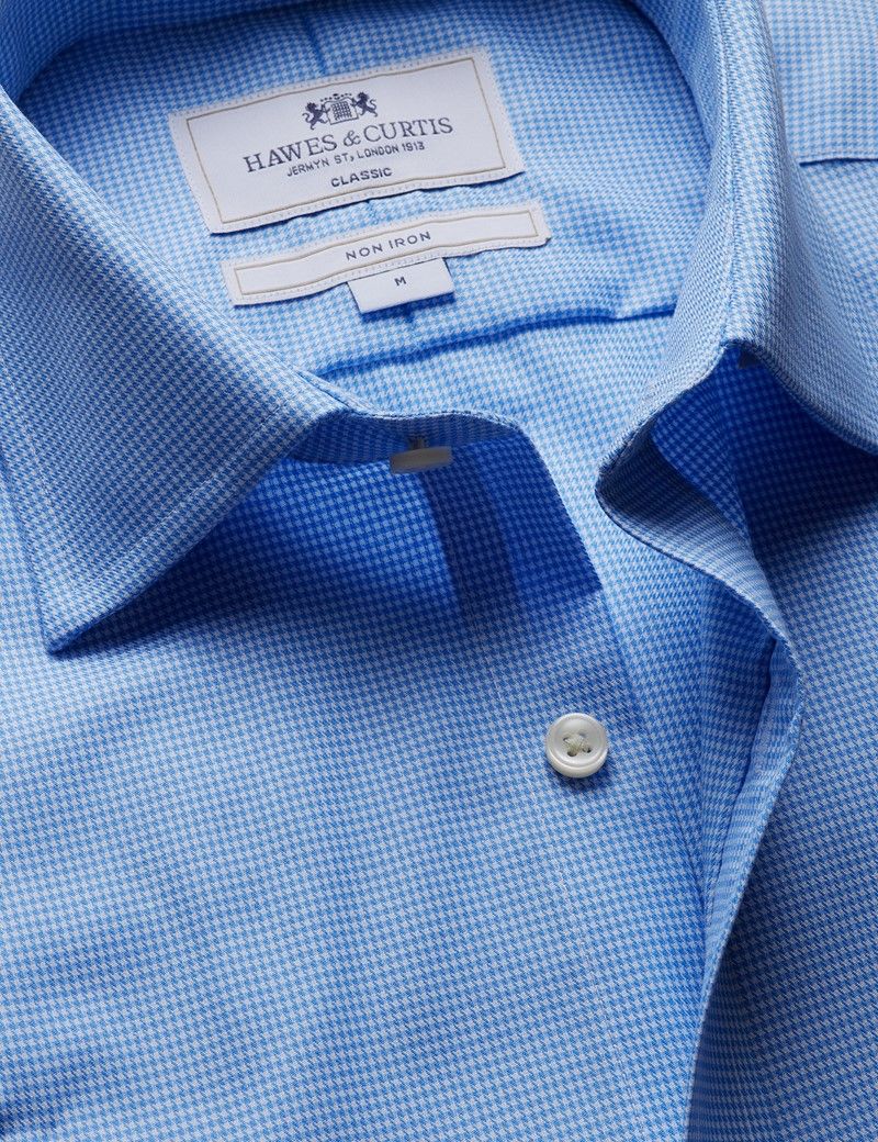 Classic Fit Blue & White Dogstooth Non-Iron Shirt - Short Sleeve - Chest Pocket