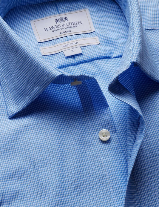 Classic Fit Blue & White Dogstooth Non-Iron Shirt - Short Sleeve - Chest Pocket