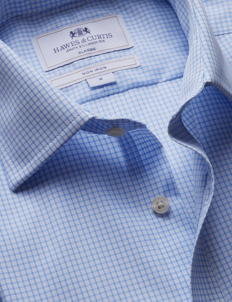 Classic Fit Blue & White Grid Check Non-Iron Shirt - Short Sleeve - Chest Pocket