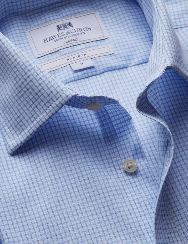 Classic Fit Blue & White Grid Check Non-Iron Shirt - Short Sleeve - Chest Pocket