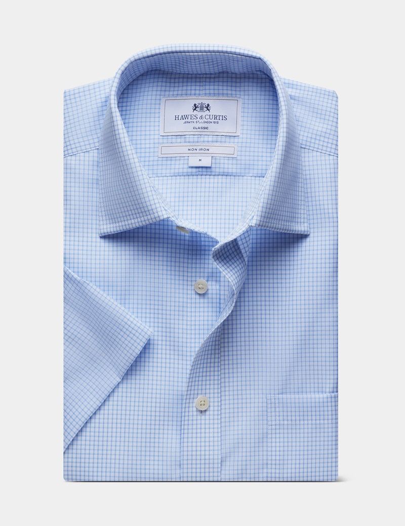 Classic Fit Blue & White Grid Check Non-Iron Shirt - Short Sleeve - Chest Pocket