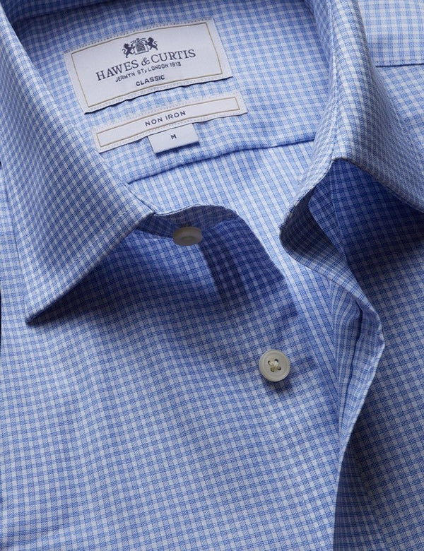 Classic Fit Blue & White Mini Check Non-Iron Shirt - Short Sleeve - Chest Pocket