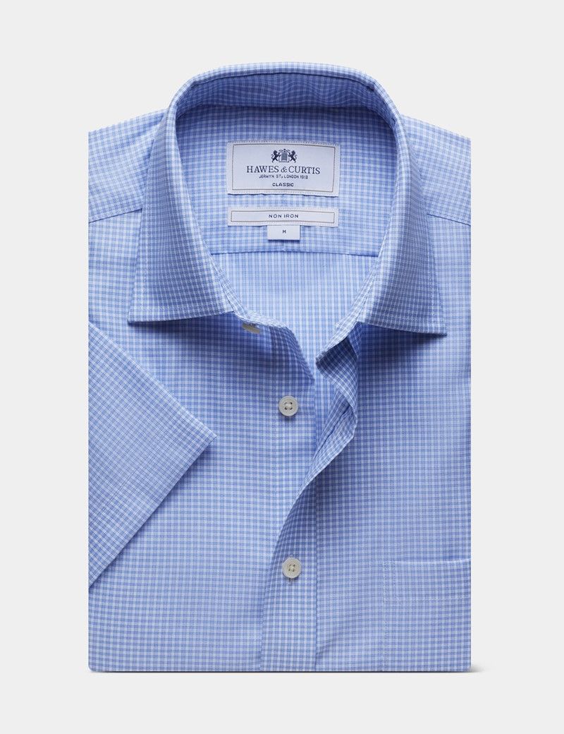 Classic Fit Blue & White Mini Check Non-Iron Shirt - Short Sleeve - Chest Pocket