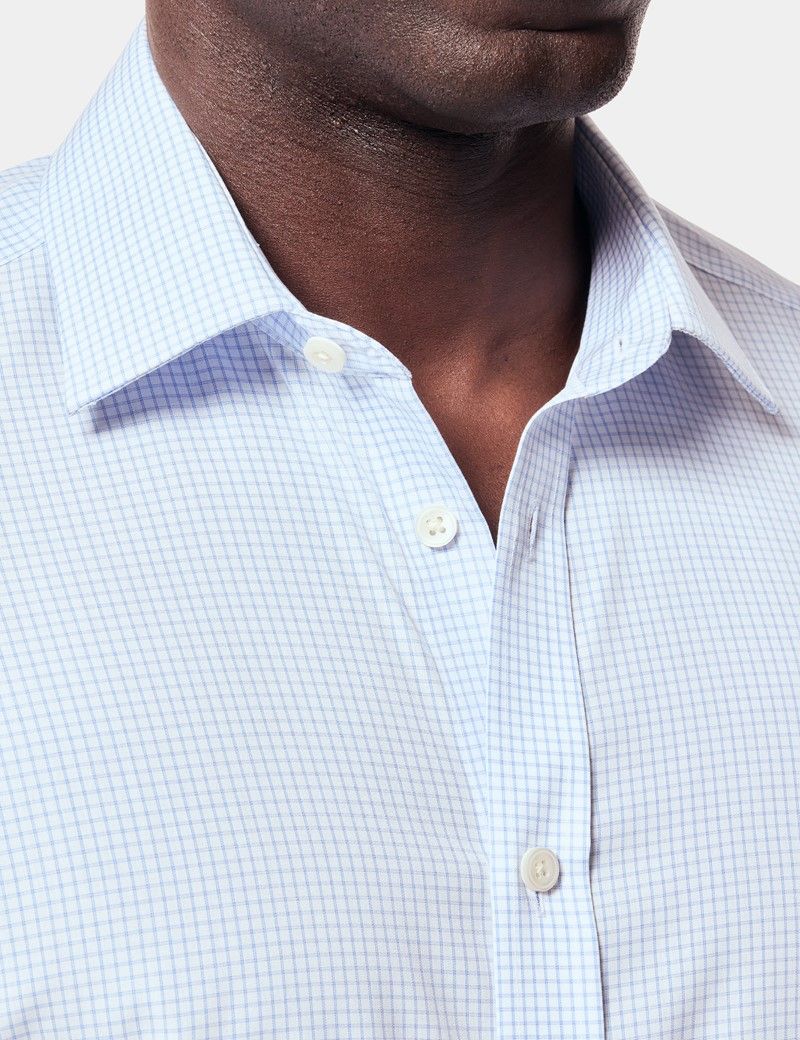 Slim Fit Blue & White Grid Check Non-Iron Shirt - Short Sleeve
